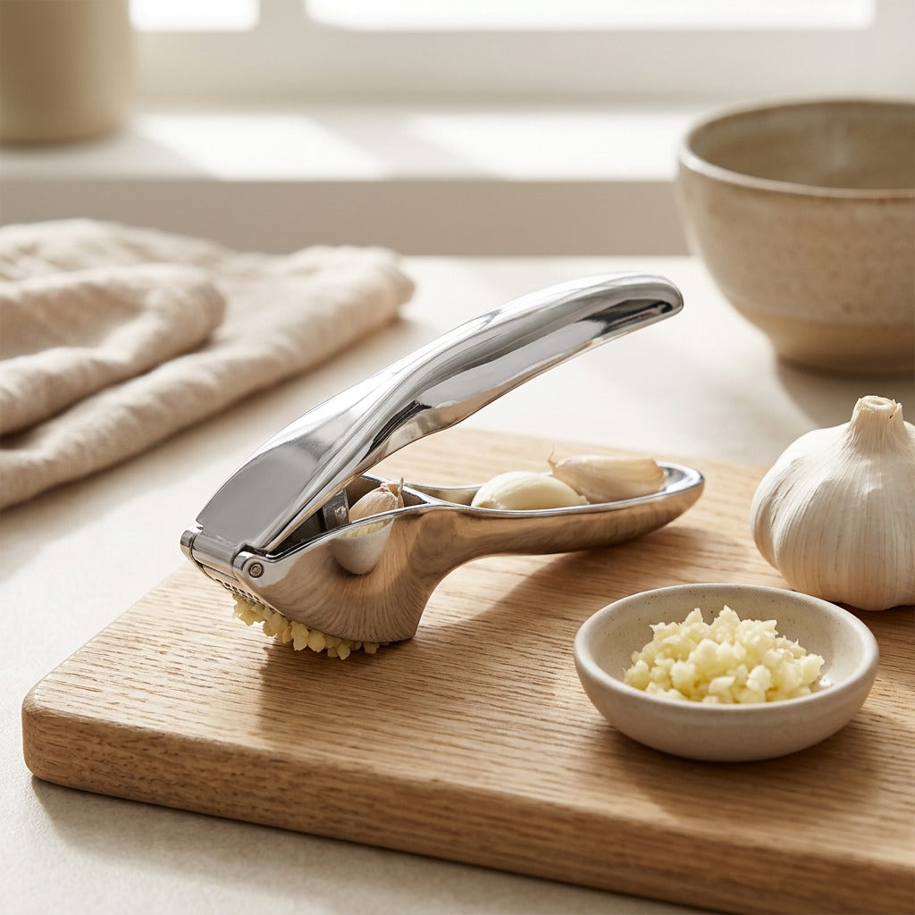 Zingchop™ Zinc Alloy Garlic Press, styled close view