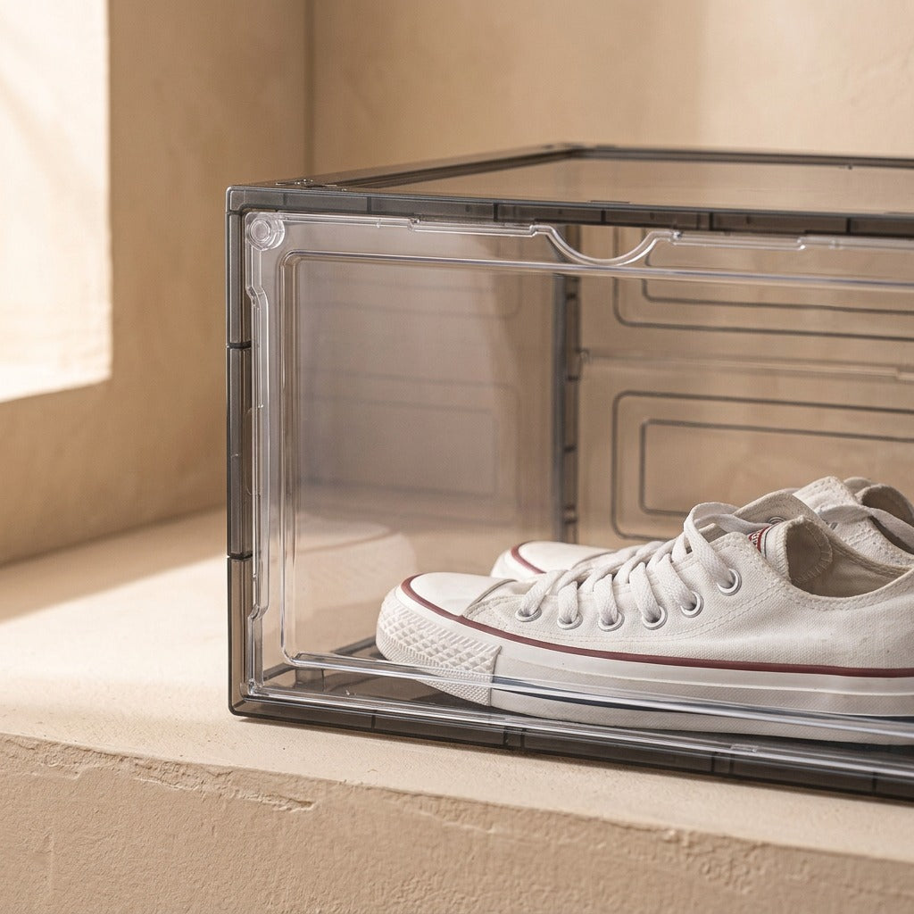 Shoeclear™ Transparent Plastic Shoe Storage Box, material and detail close-up