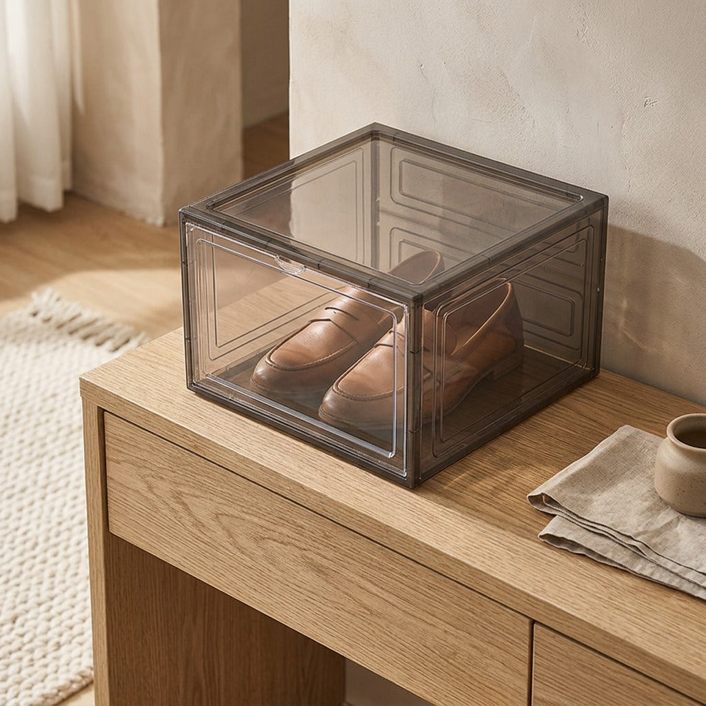 Shoeclear™ Transparent Plastic Shoe Storage Box, styled close view