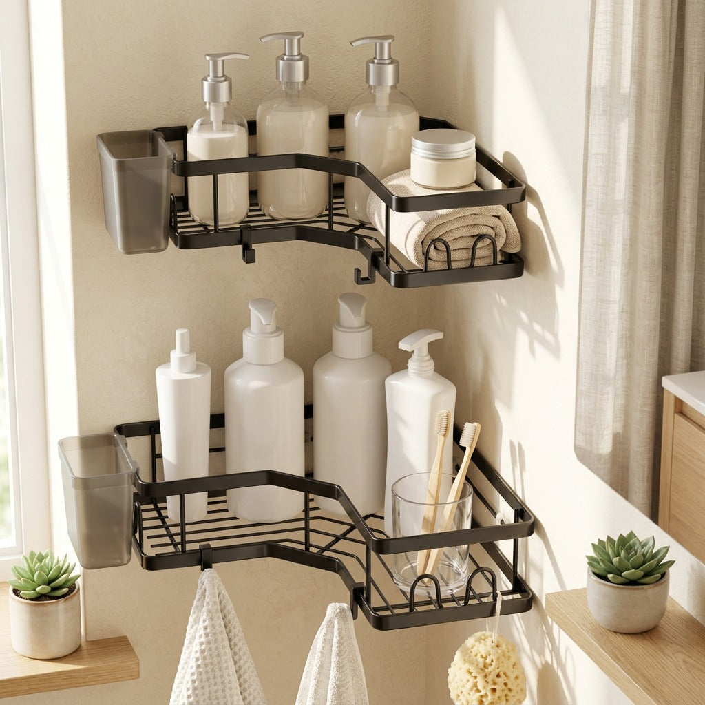 Trihold™ Painted Steel Bathroom Triangle Rack in a calm home setting