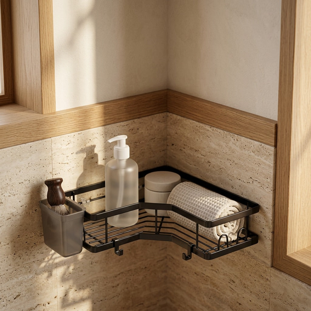 Trihold™ Painted Steel Bathroom Triangle Rack, styled close view