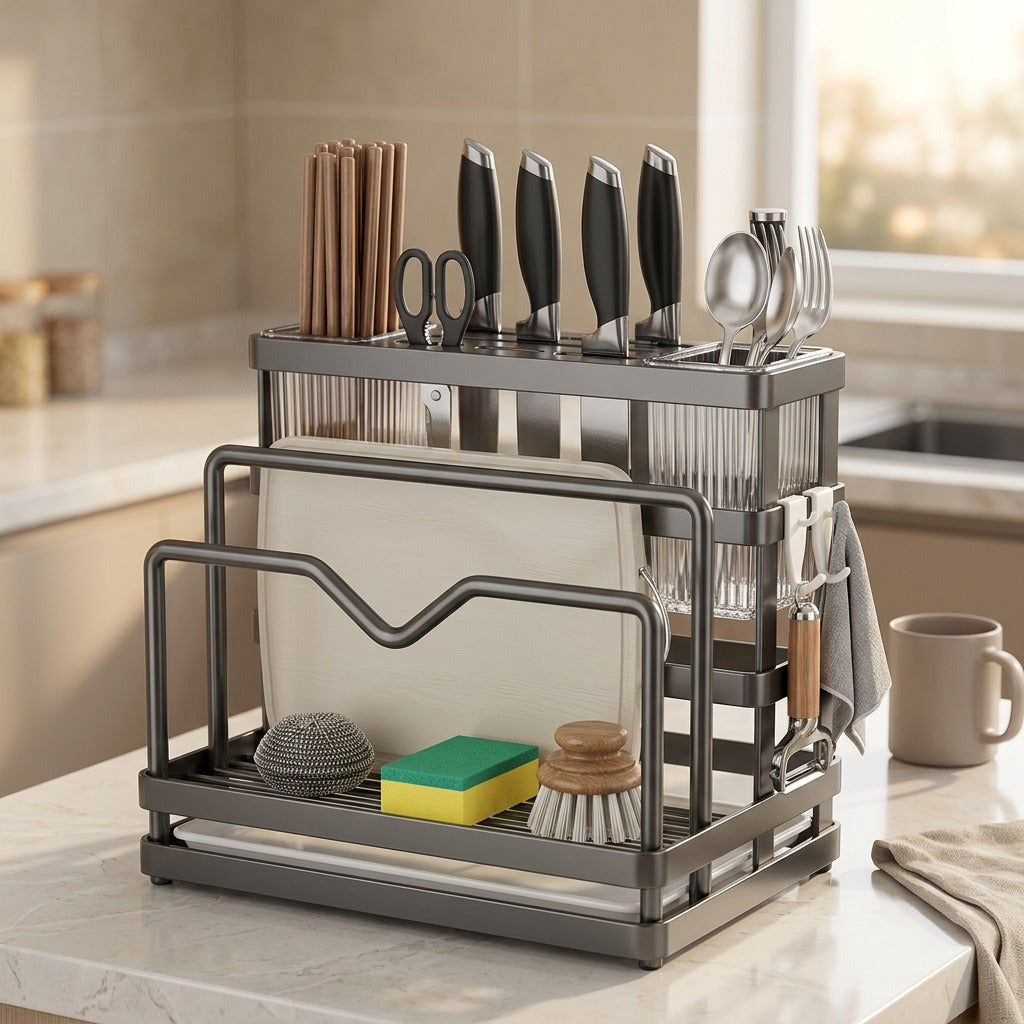 Chopnest™ Carbon Steel Knife Holder With Cutting Board Rack, styled close view