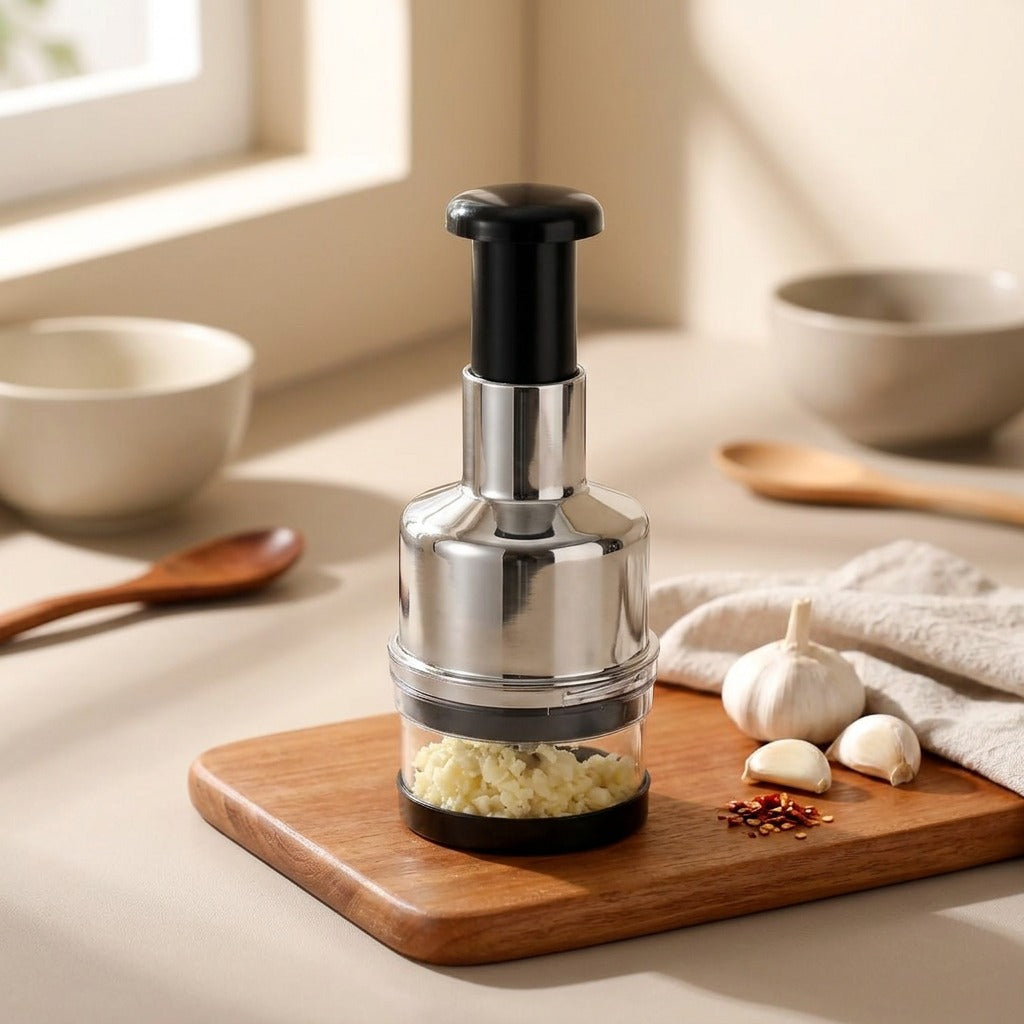 Presswell™ Stainless Steel Garlic Press, styled close view