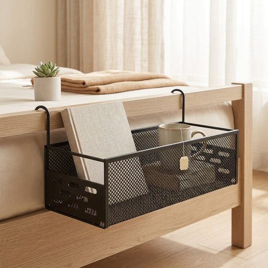 Bedcaddy™ Iron Bedside Hanging Basket in a calm home setting