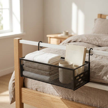 Bedcaddy™ Iron Bedside Hanging Basket, styled close view
