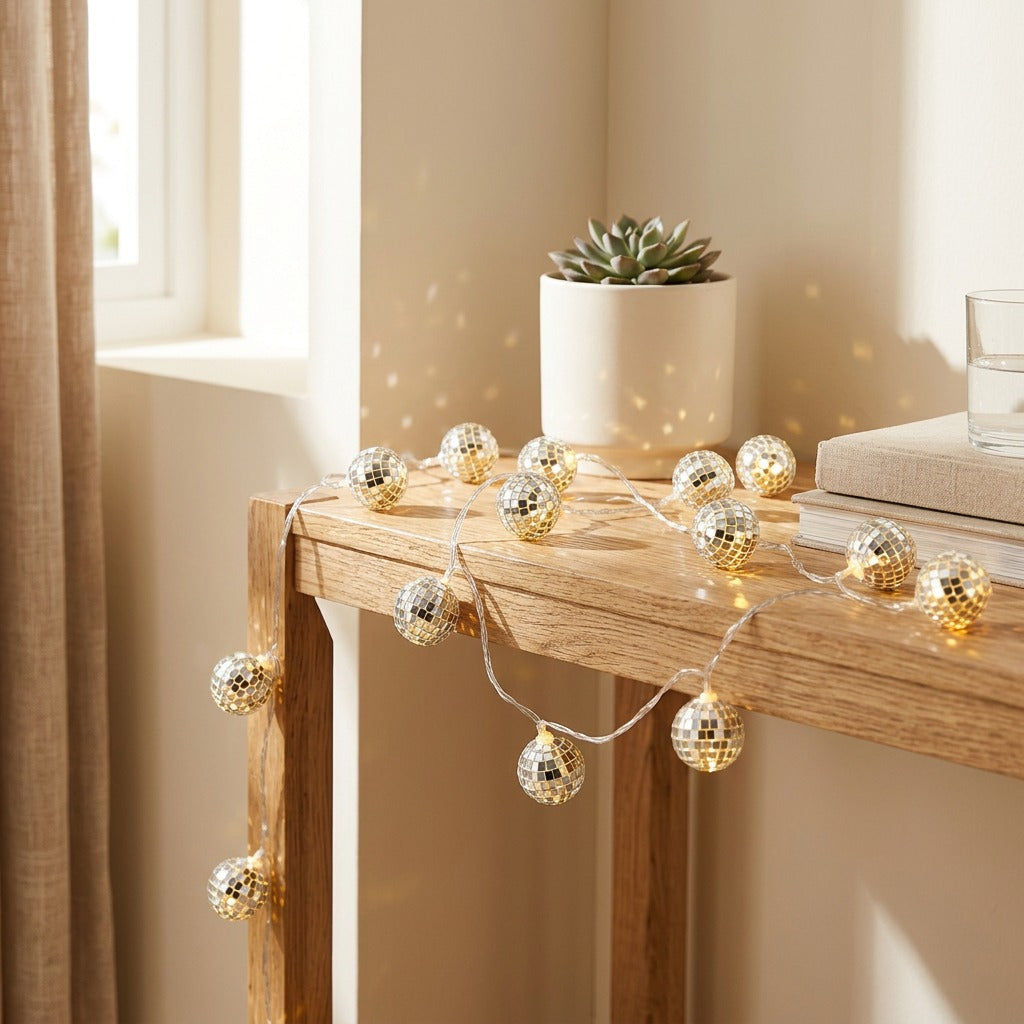 Glintfest™ Mirror Ball String Lights in a calm home setting