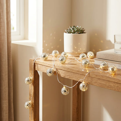 Glintfest™ Mirror Ball String Lights in a calm home setting