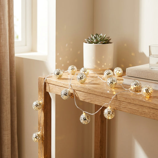Glintfest™ Mirror Ball String Lights in a calm home setting