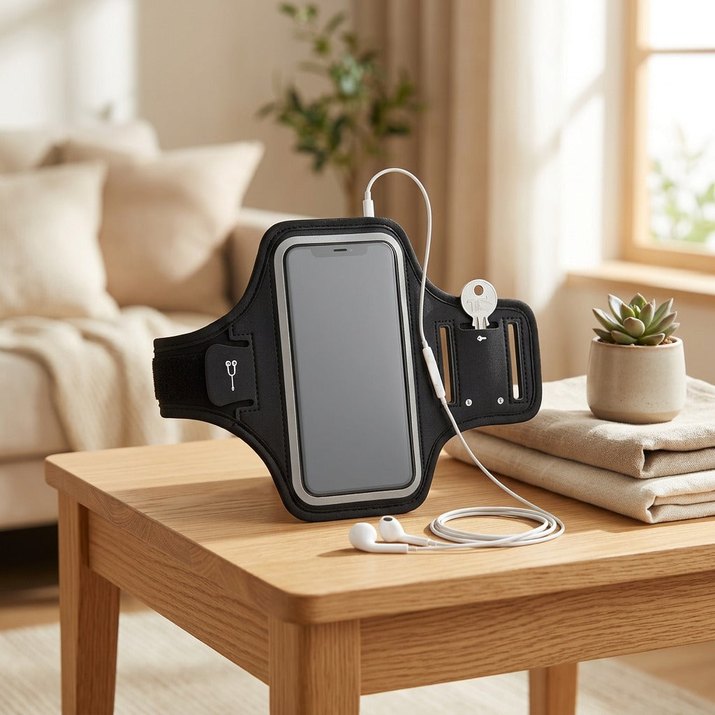 Neopace™ Neoprene Phone Arm Bag in a calm home setting
