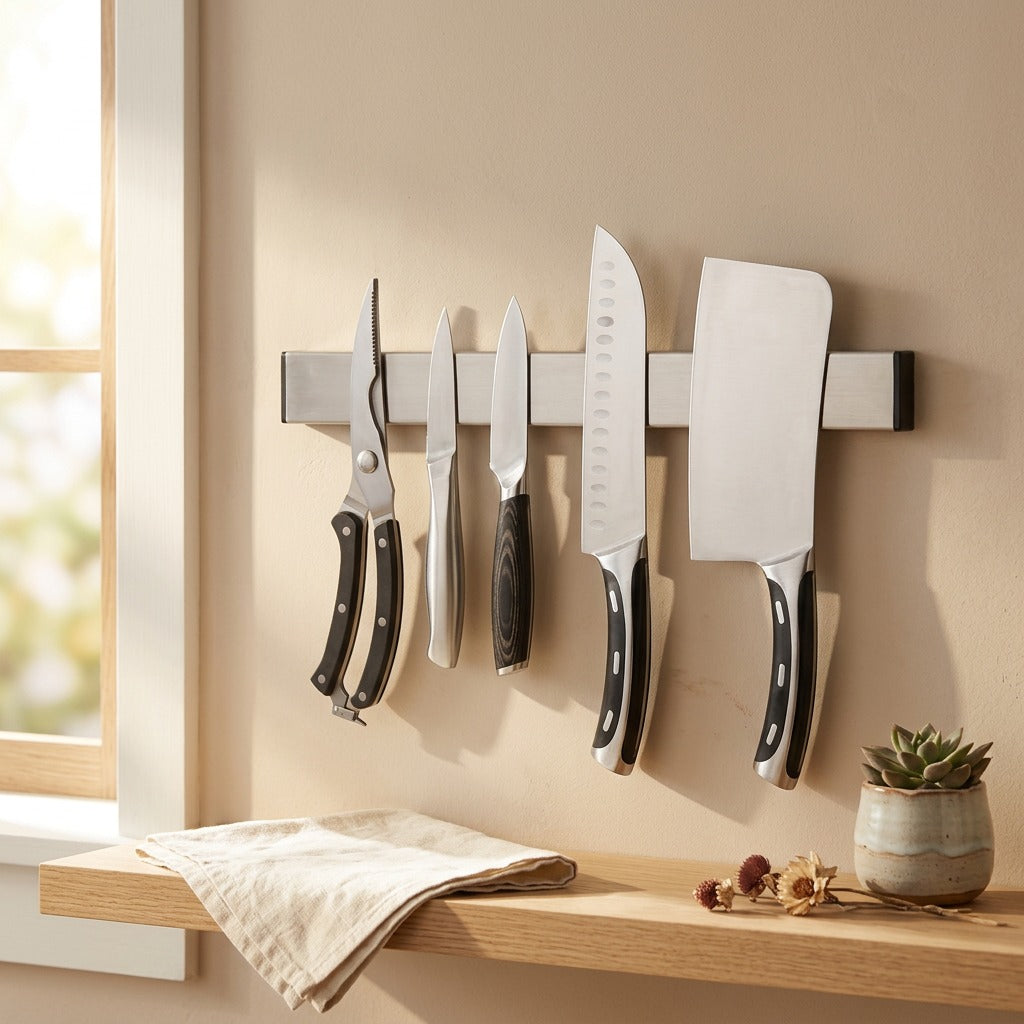 Knifebase™ 304 Stainless Steel Magnetic Knife Holder in a calm home setting