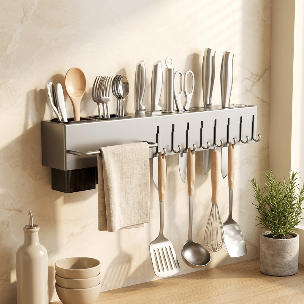 Walledge™ Stainless Steel Wall-Mounted Knife Holder in a calm home setting