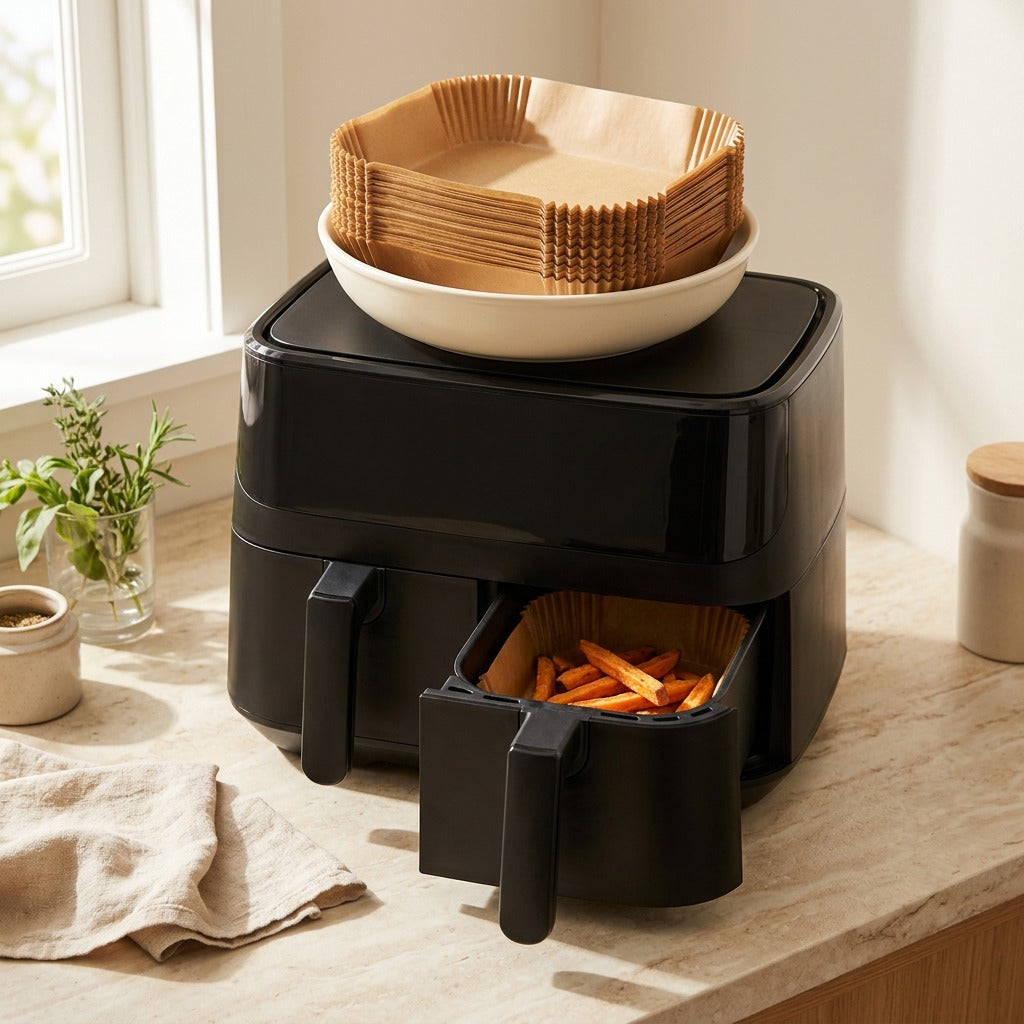 Linercrisp™ Silicone Paper Air Fryer Liners in a calm home setting