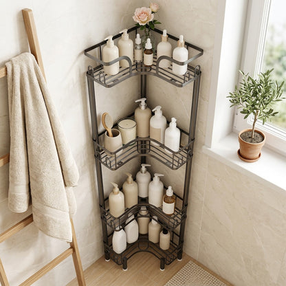 Rackledge™ Iron Bathroom Corner Storage Rack in a calm home setting