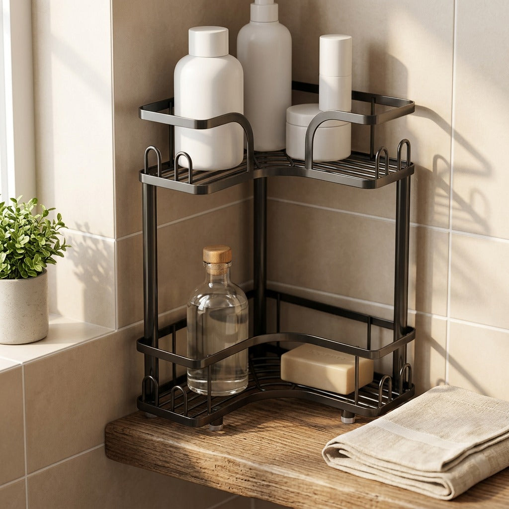 Rackledge™ Iron Bathroom Corner Storage Rack, styled close view