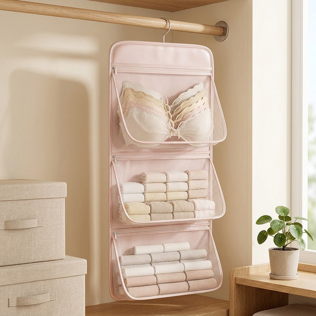 Meshstash™ Mesh Hanging Storage Bag in a calm home setting