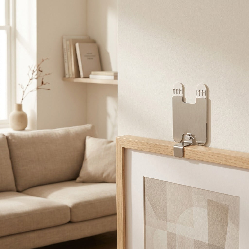 Framegrip™ Stainless Steel Adhesive Picture Hook, styled close view