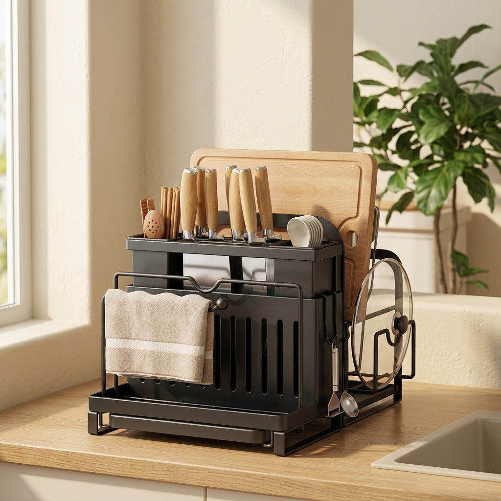 Bladerow™ Carbon Steel Kitchen Knife Rack in a calm home setting