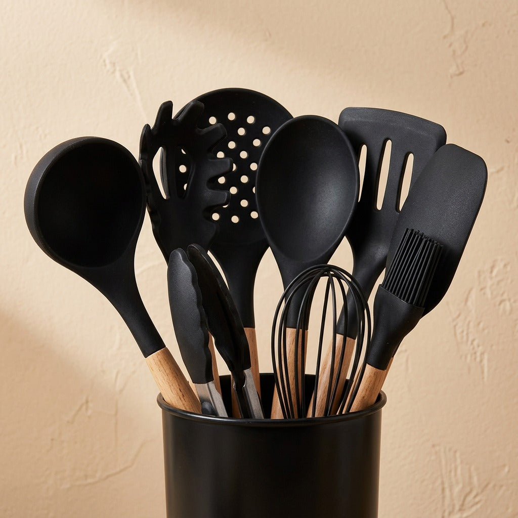Woodswirl™ Silicone Spatula Set With Wooden Handles, material and detail close-up