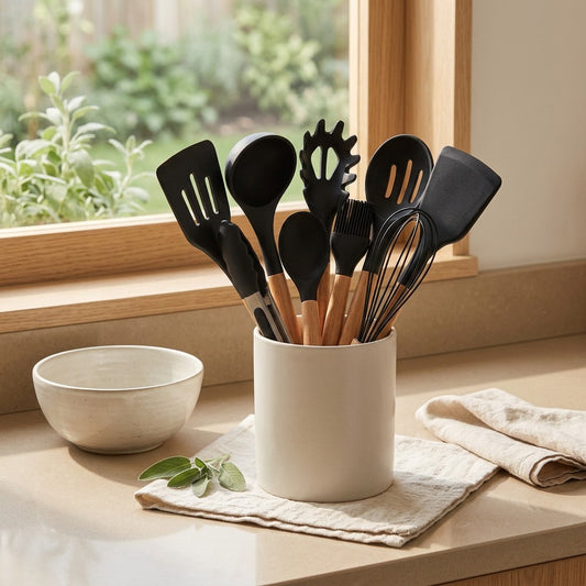 Woodswirl™ Silicone Spatula Set With Wooden Handles in a calm home setting