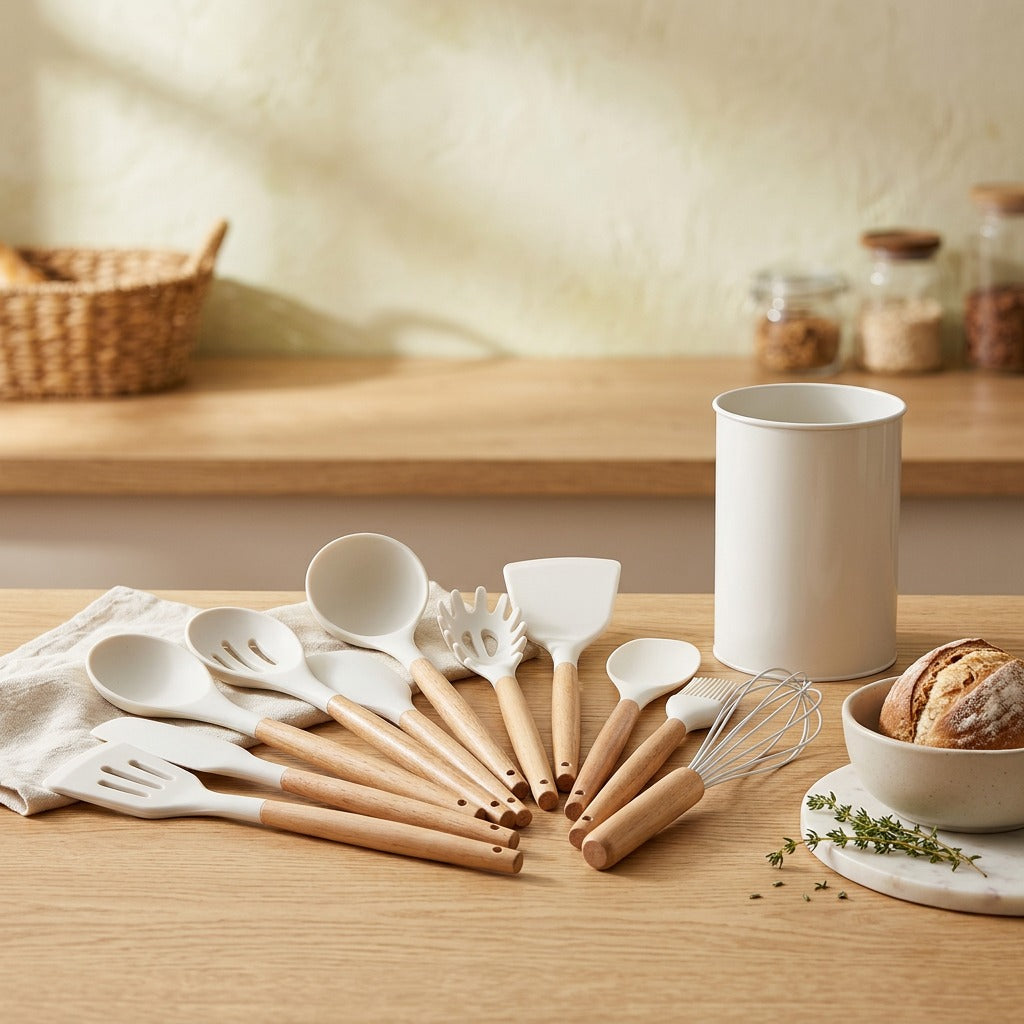 Woodswirl™ Silicone Spatula Set With Wooden Handles, styled close view