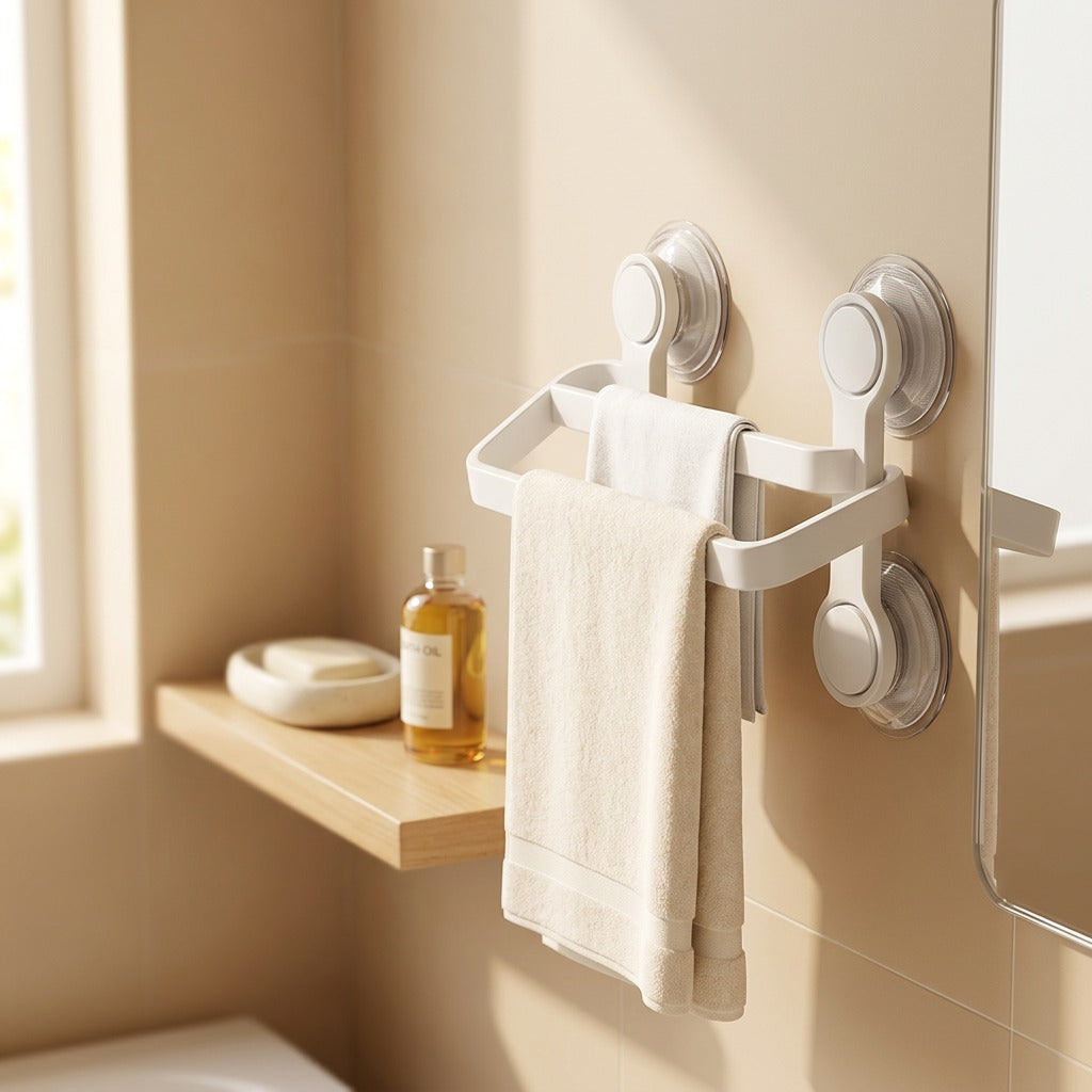 Stickrail™ Suction Cup Bathroom Towel Rack, styled close view