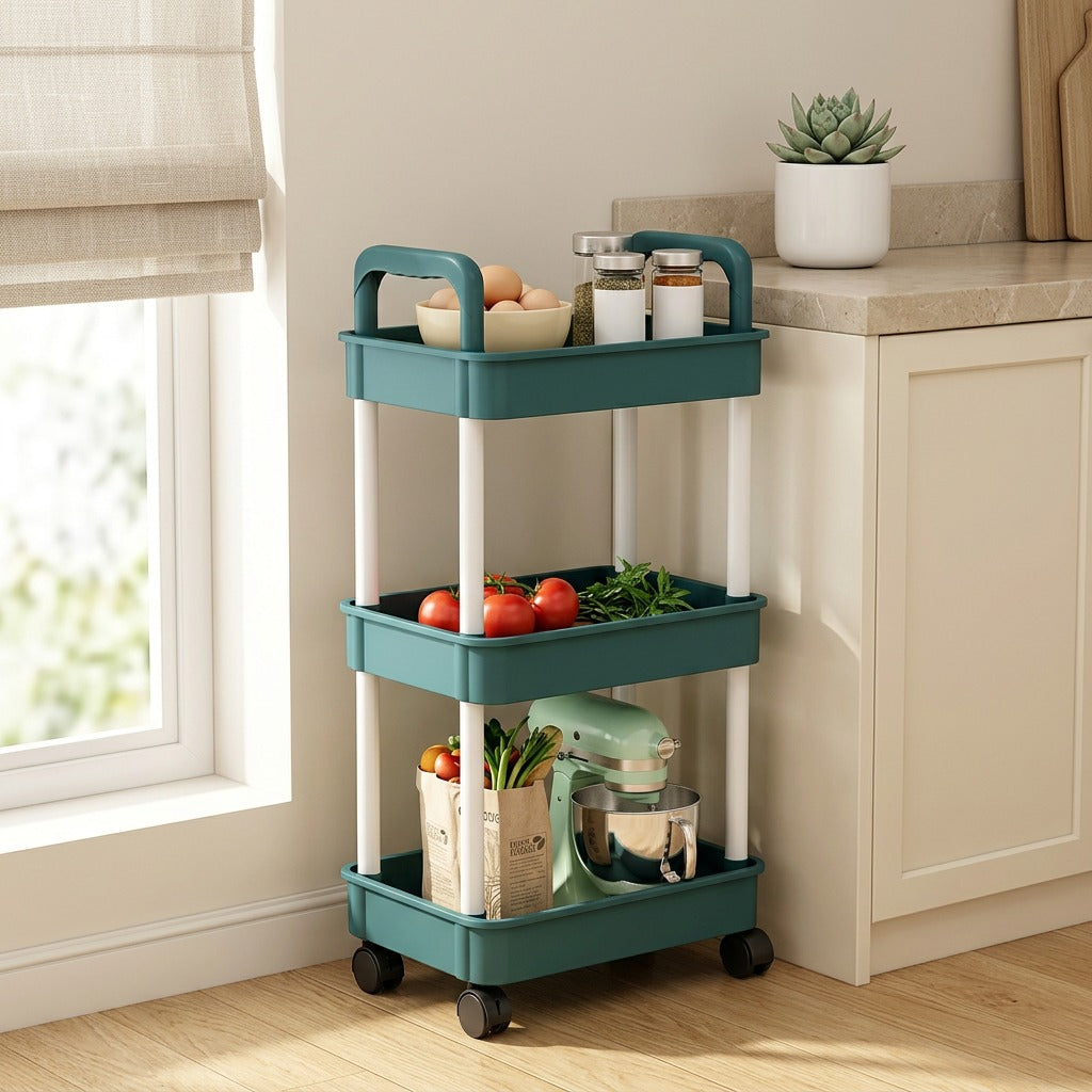 Wheelbay™ Floor-Standing Movable Storage Rack in a calm home setting