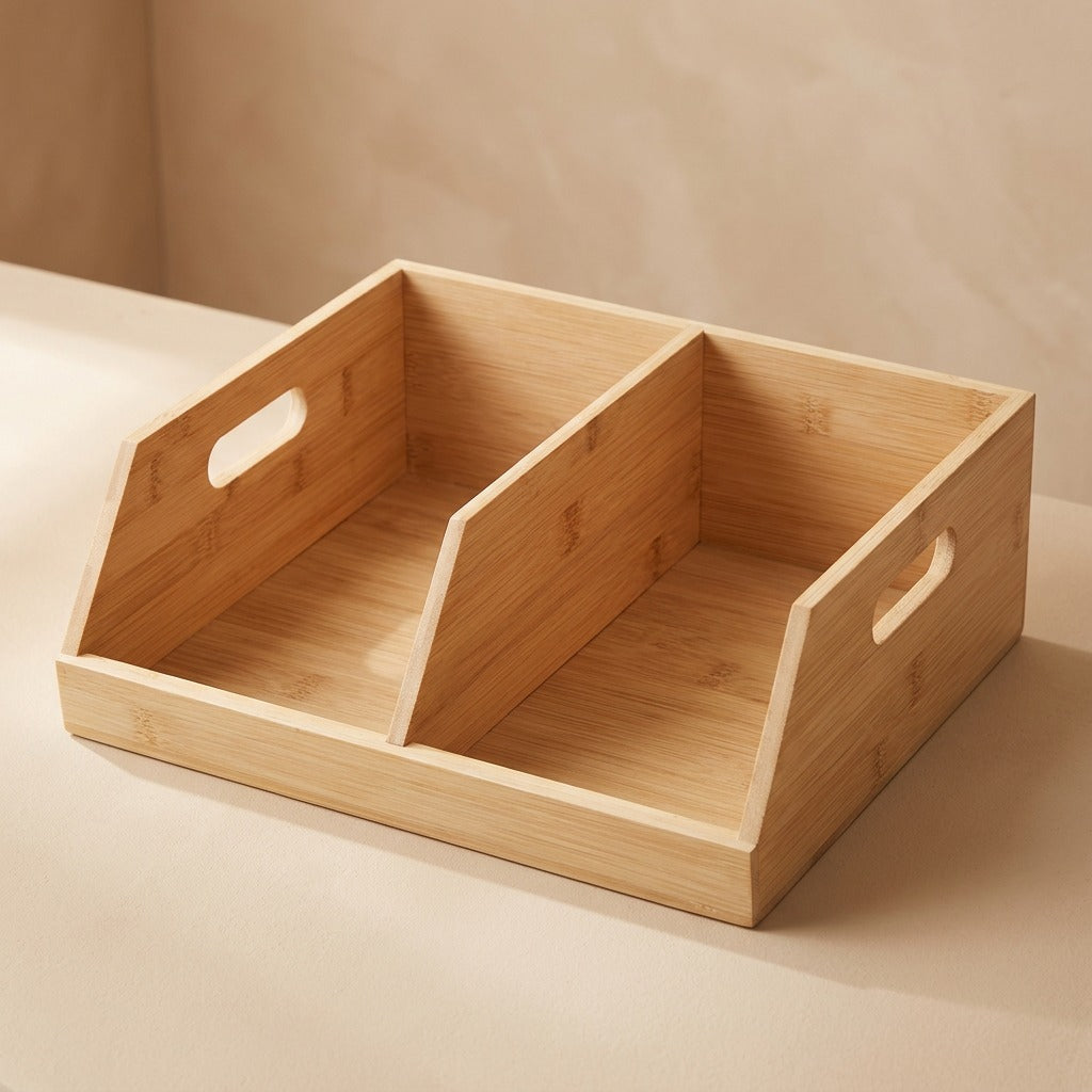 Woodhaven™ Bamboo Wood Desktop Storage Box, material and detail close-up