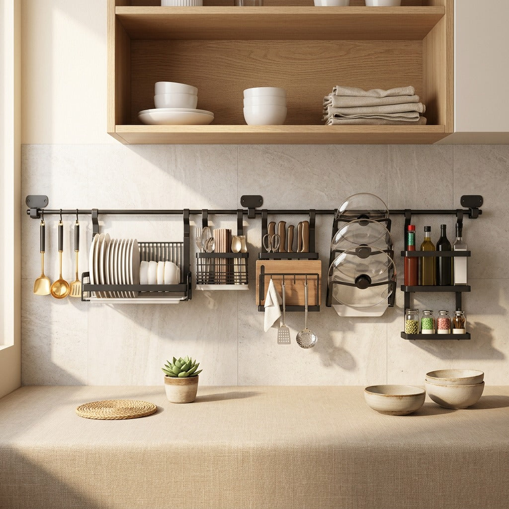 Rackwell™ Stainless Steel Kitchen Storage Rack in a calm home setting