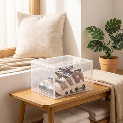 Pairpeek™ Transparent Plastic Shoe Storage Box in a calm home setting