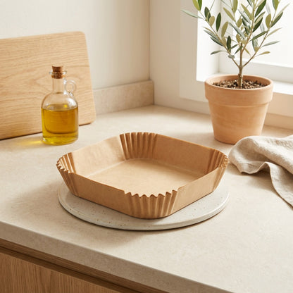 Parchpan™ Air Fryer Parchment Paper Trays in a calm home setting
