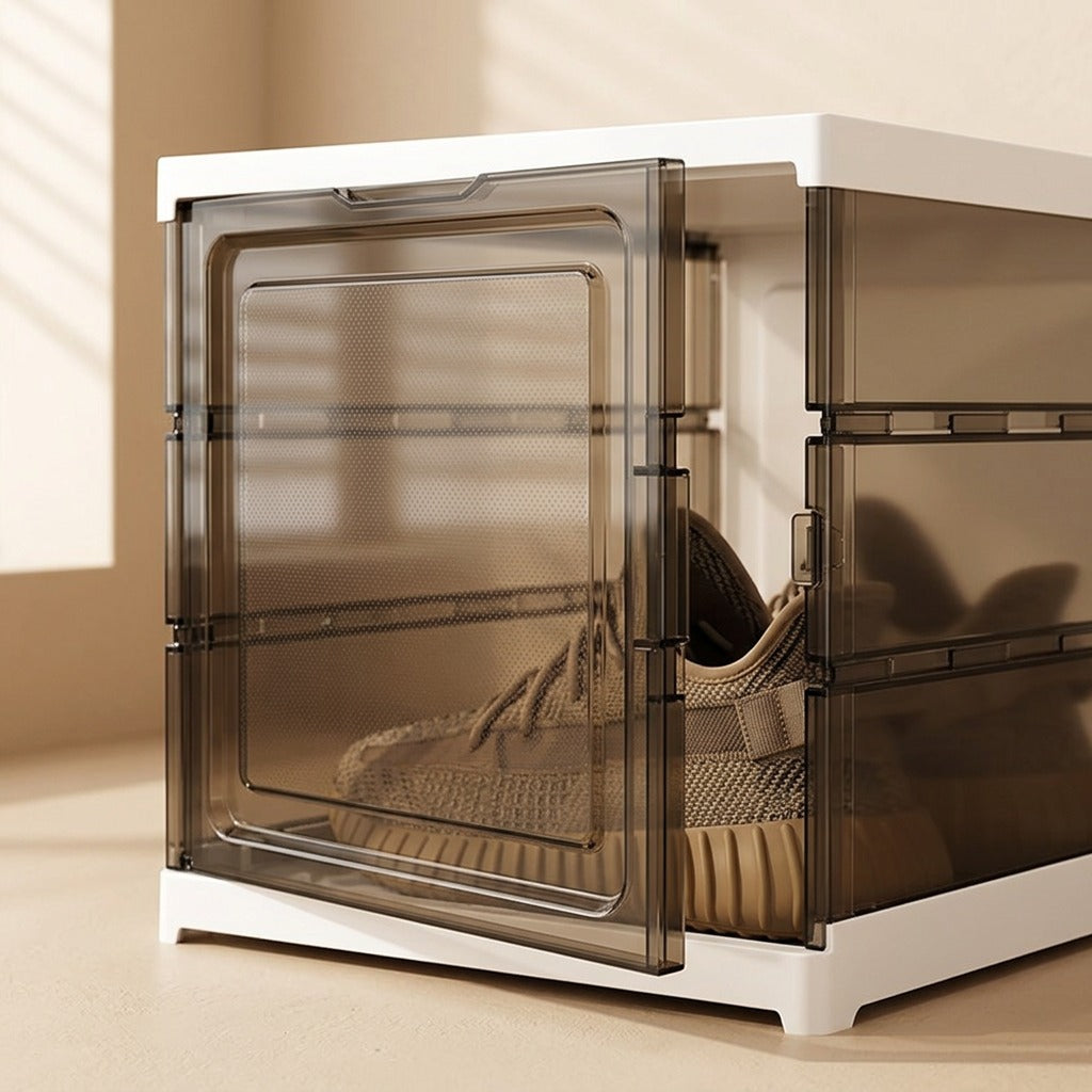Shoestow™ Foldable Plastic Shoe Storage Box, material and detail close-up
