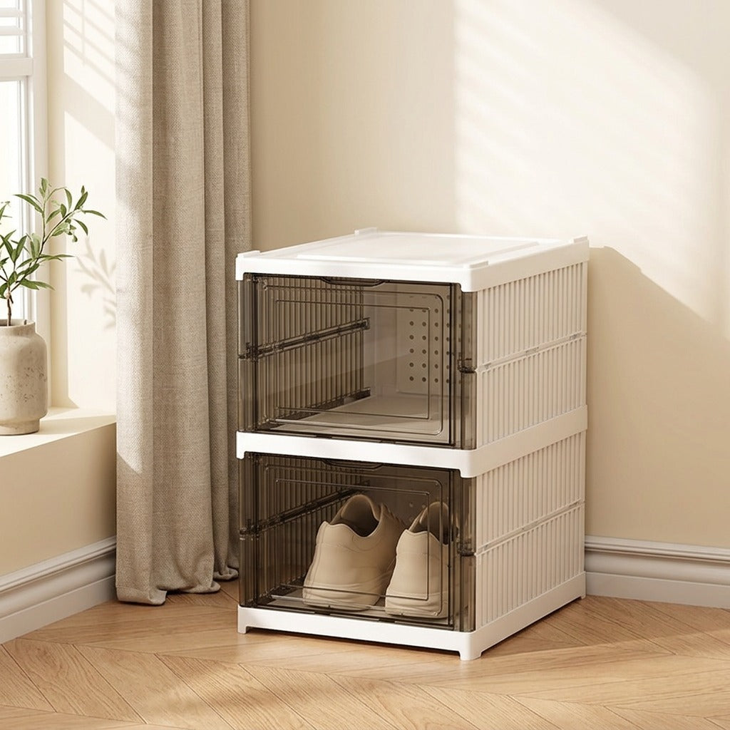 Shoestow™ Foldable Plastic Shoe Storage Box in a calm home setting