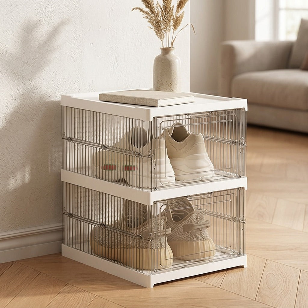 Shoestow™ Foldable Plastic Shoe Storage Box, styled close view