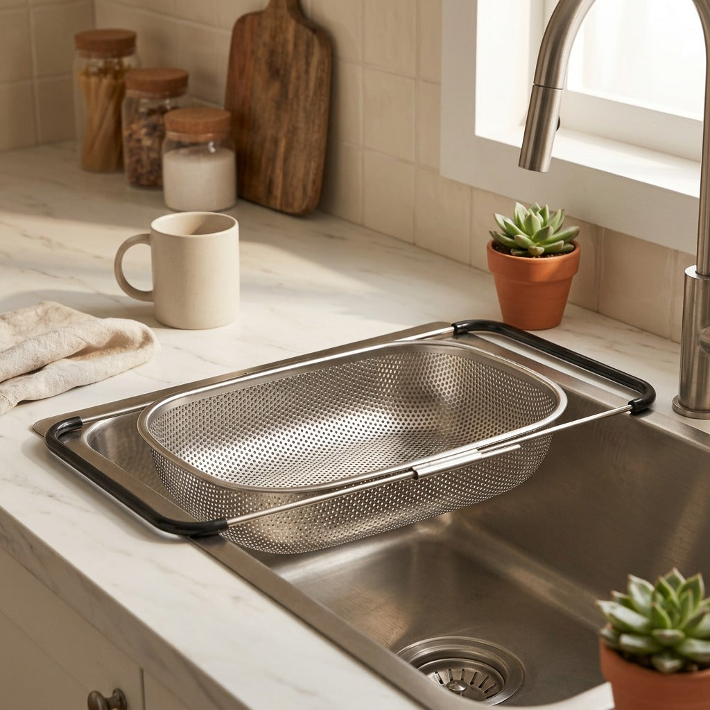 Drainhold™ Stainless Steel Sink Drain Basket, styled close view