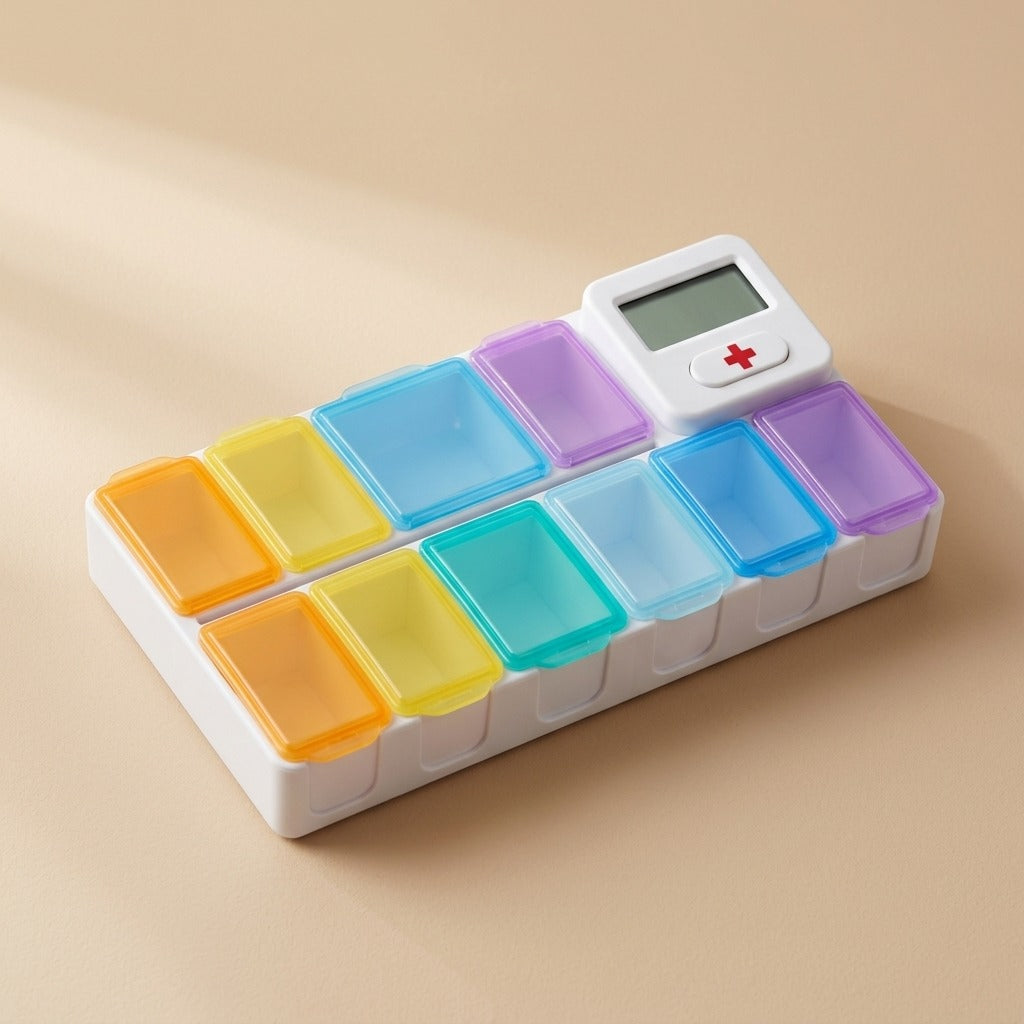 Timemed™ Electronic Timed Reminder Pill Storage Box, material and detail close-up