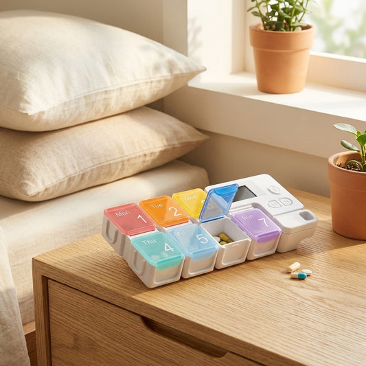 Timemed™ Electronic Timed Reminder Pill Storage Box in a calm home setting