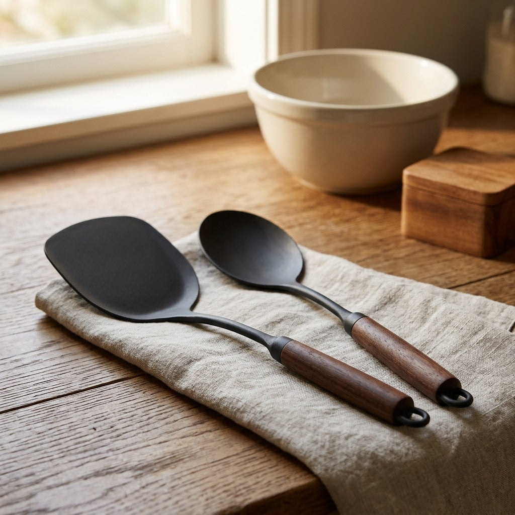 Stirforge™ Iron Kitchen Spatula and Spoon Set, styled close view