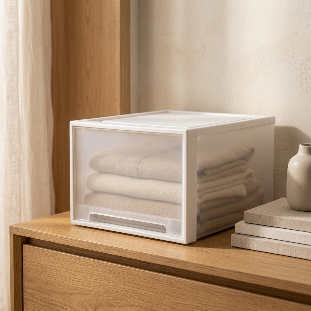 Drawerhaven™ Transparent Polypropylene Drawer Storage Box, styled close view