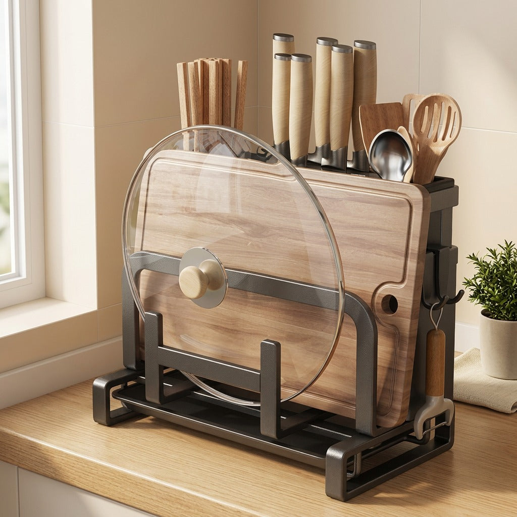 Tooltuck™ Carbon Steel Kitchen Utensil Rack in a calm home setting