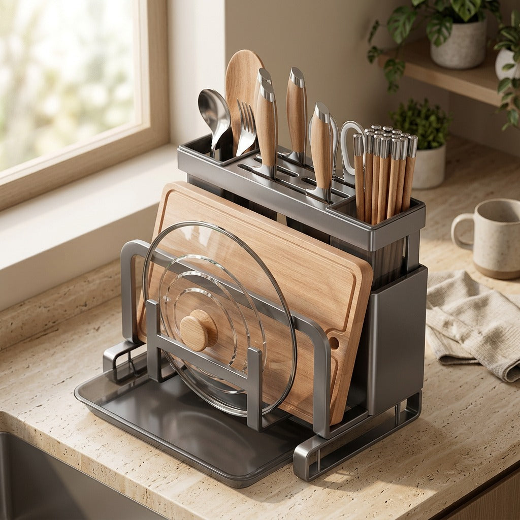 Tooltuck™ Carbon Steel Kitchen Utensil Rack, styled close view