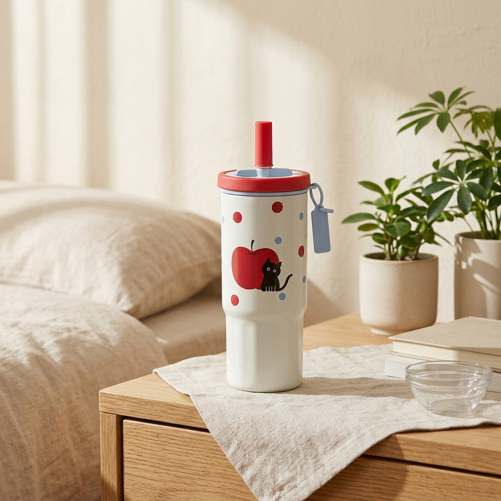 Sipshelter™ 304 Stainless Steel Straw Thermos Cup in a calm home setting