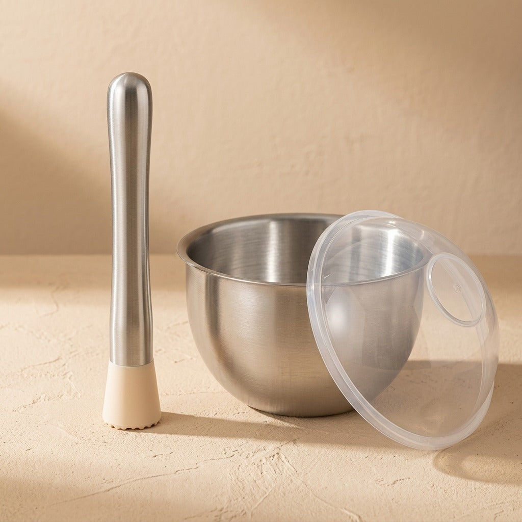 Bulbmash™ 304 Stainless Steel Garlic Masher, material and detail close-up