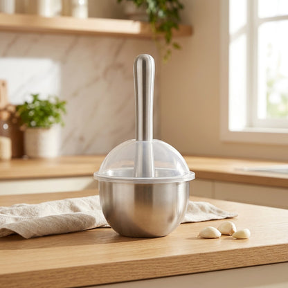 Bulbmash™ 304 Stainless Steel Garlic Masher in a calm home setting