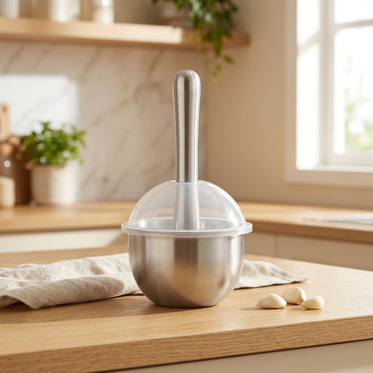 Bulbmash™ 304 Stainless Steel Garlic Masher in a calm home setting