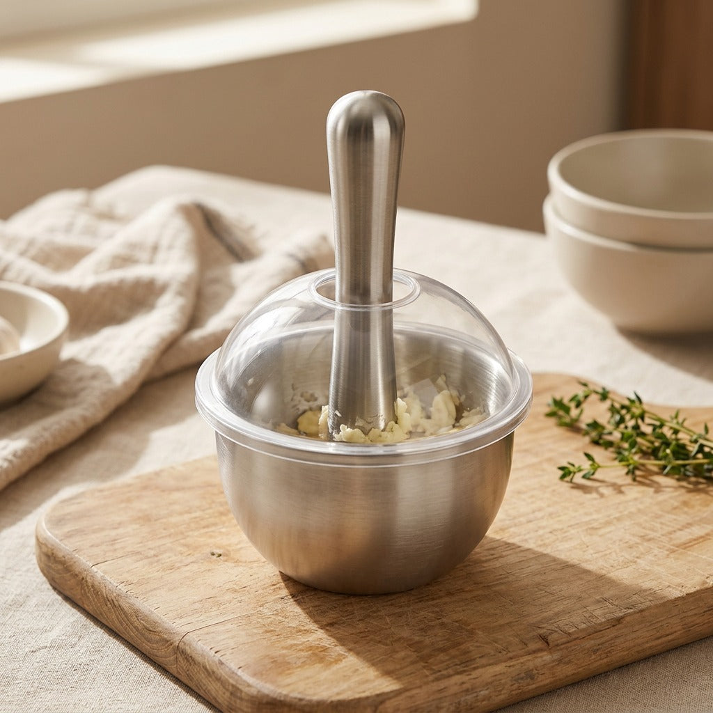 Bulbmash™ 304 Stainless Steel Garlic Masher, styled close view