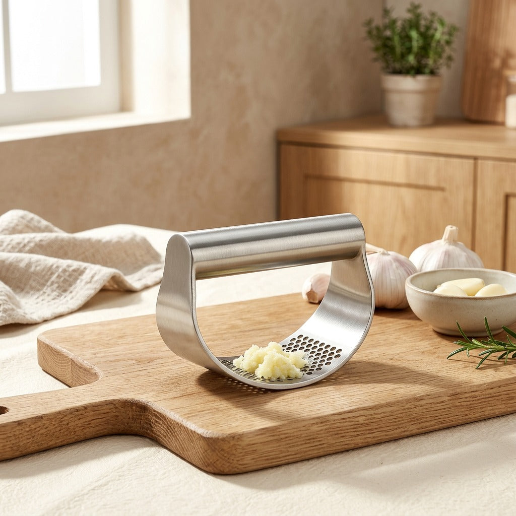 Clovepush™ 430 Stainless Steel Garlic Press in a calm home setting