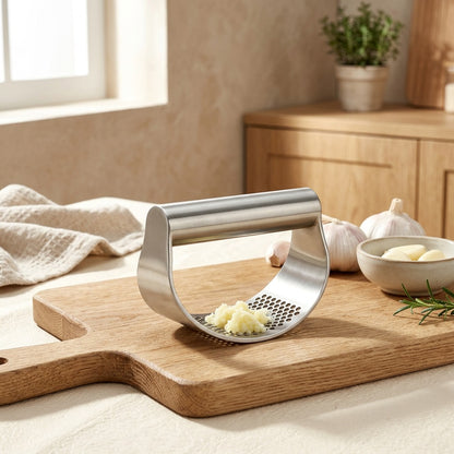 Clovepush™ 430 Stainless Steel Garlic Press in a calm home setting