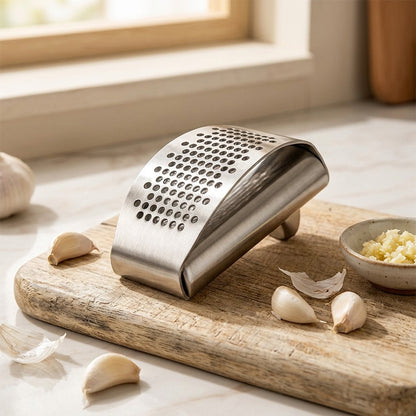 Clovepush™ 430 Stainless Steel Garlic Press, styled close view