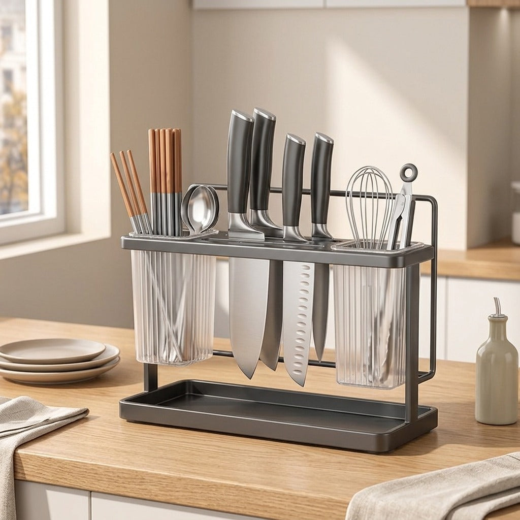 Slotkeep™ Carbon Steel Kitchen Knife Storage Rack, styled close view