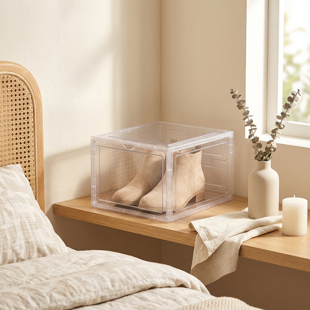Clearslot™ Transparent Plastic Shoe Storage Box in a calm home setting